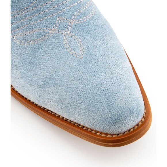Women's Faux Suede Pointed Heeled Western Wide Calf Embroidered Light Blue Boots - Picture 6 of 7